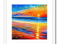 This colorful painting depicts the sunset on top of ocean of a beach.