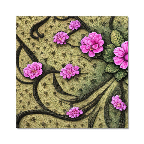 A green and pink flowery plant plant on a tile with white or pink floral designs