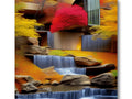 A colorful fall foliage artwork featuring a waterfall surrounded by leaves.