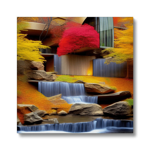A colorful fall foliage artwork featuring a waterfall surrounded by leaves.