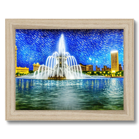 A gold framed art print of a city skyline and a blue building with a silver fountain