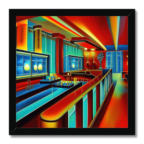 A bar with a kitchen setting sitting inside a red bar with blue lighting.