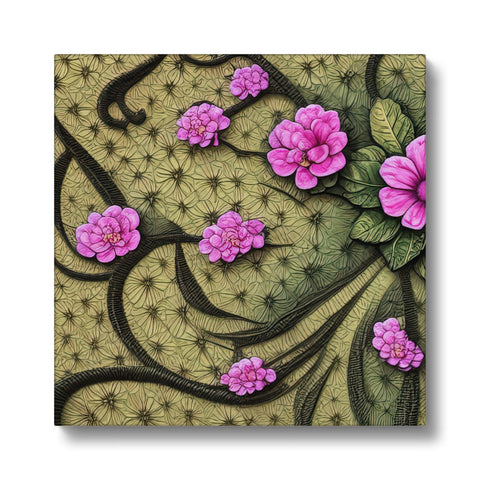 An art print of a green cactus on a ceramic tile with flowers on the base
