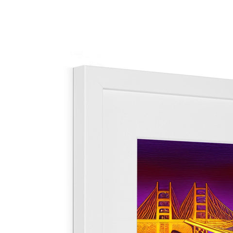 A picture frame with a picture of a gold bridge on a white background on a brown