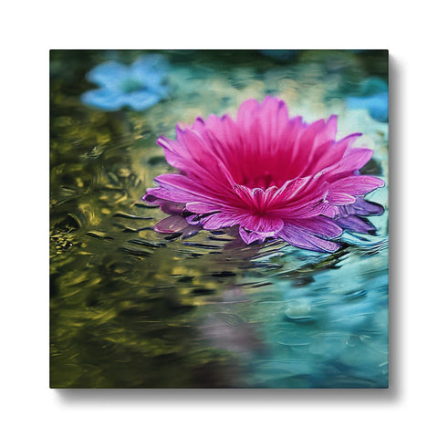 An art print printed with a flower on a white wall that is in the rain.