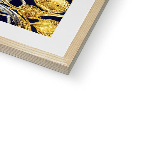 A gold framed photograph on a wooden table with gold foil.