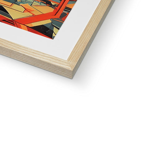 An art print is on a top of a framed wooden frame