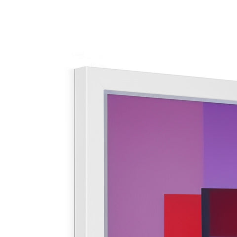 A white and magenta framed picture of a window on a wall next to the ceiling