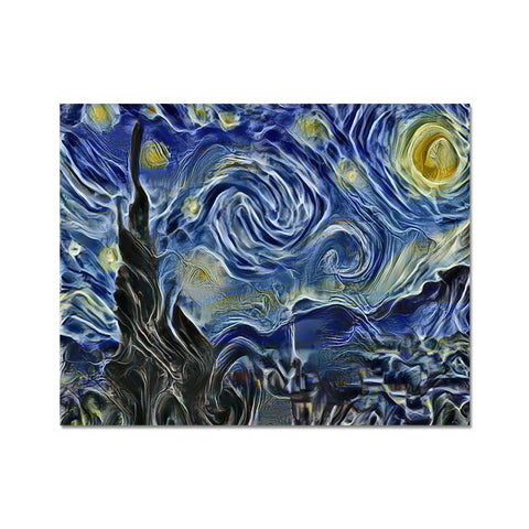 A painting on a ceramic tile by a glass case shows a starry night.