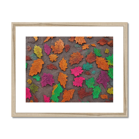 A picture of fall leaves on a piece of fabric covered with colored wallpaper.