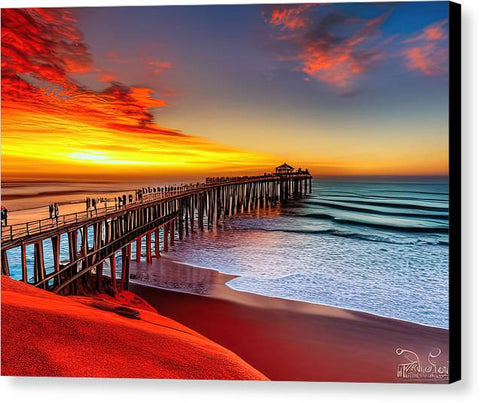 A colorful sunset picture of a pier near the city of Los Angeles