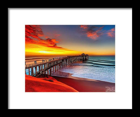 Art Prints on a red sand beach with a sunset looking out on the ocean in