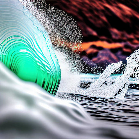 A picture of a wave crashing through a surfboard wave with white water in the background