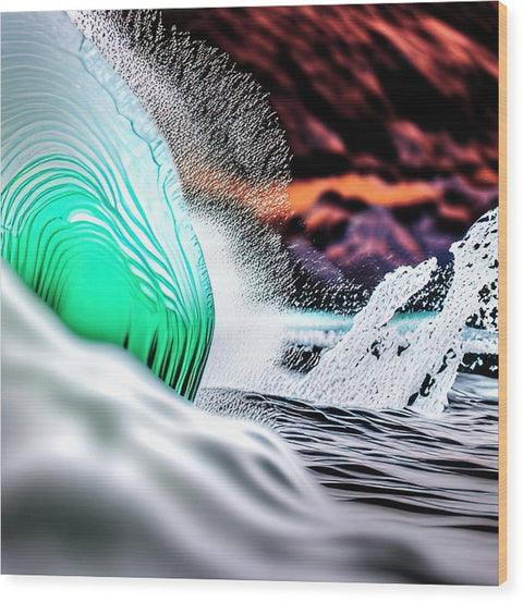 Foamy waves hitting down the surf on a shore with a large colorful picture