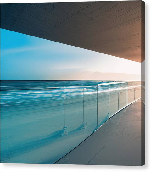 A photo of glass walls next to a large blue water with beautiful colors and shapes