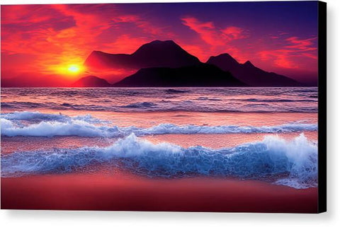 A bright red and orange sunset on blue water with many colorful ocean waves