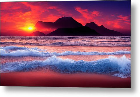 A beautiful sunset of colored sea water with mountains behind it