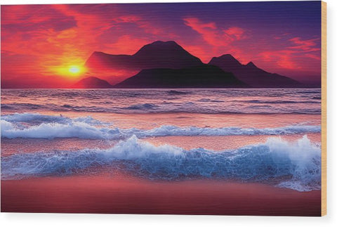 a large picture on a pillow that has a bright sunset background