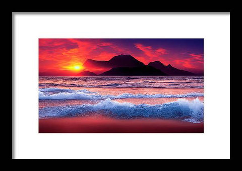 An art print that has sun on it a sunset on a beach