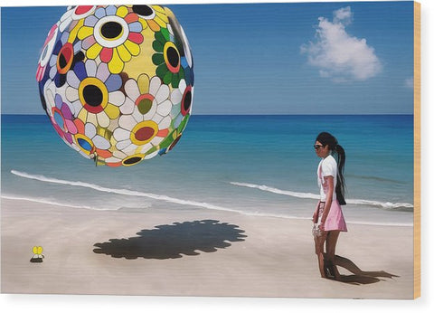 An art print with a large balloon that has three people on it