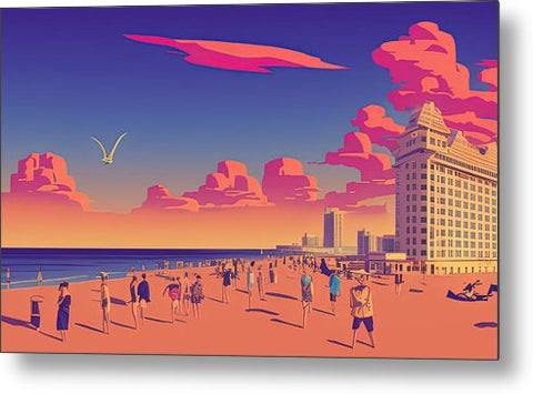 Art print on a beach with people and trees on the beach