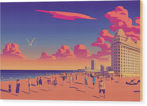 A group of people riding a surfboard along a beach with a rainbow sky and buildings