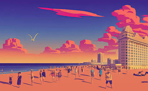 A beach in an image of a city with colorful people running in the breeze
