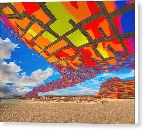 Kite on a Beach Beneath a Vibrant Umbrella - Canvas Print