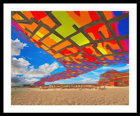 Kite on a Beach Beneath a Vibrant Umbrella - Framed Print