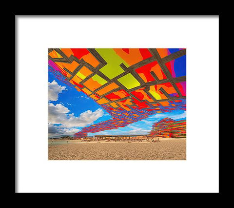 Art print on a beach with colorful kites behind a sand beach