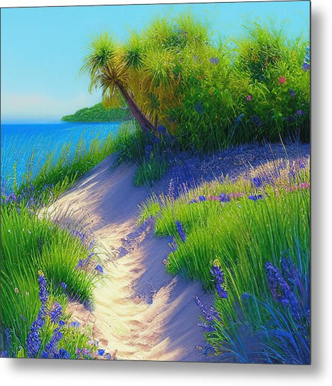 A walk with an art print on a dirt path on a sand dune covered by
