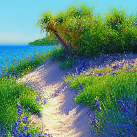 A beach with a white sandy beach with flowers and blue grass
