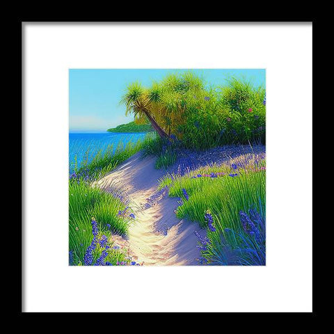 Art print of an ocean sitting in sand next to some green sand dunes