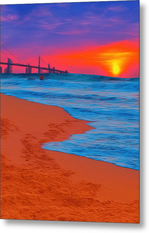 Art print in full color at sunset on blue beach with sunset