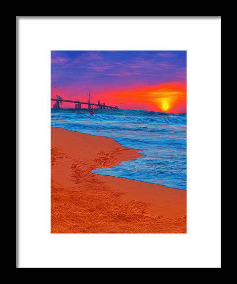 An art print of a beach with a colorful sunset at sunset on it