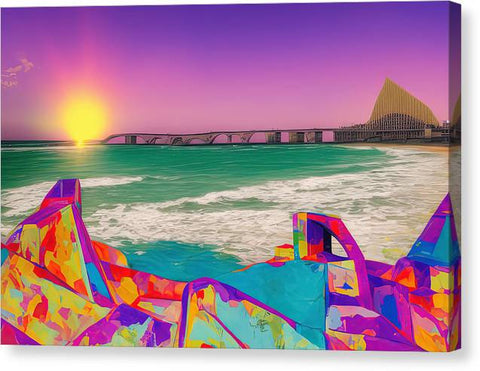 Art print on a bridge with a beach sea and sun