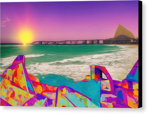 Art print on a bridge with a beach sea and sun