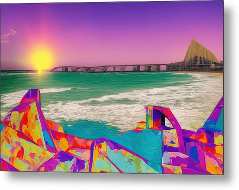 Art print with colorful sunsets on a green beach on a white background