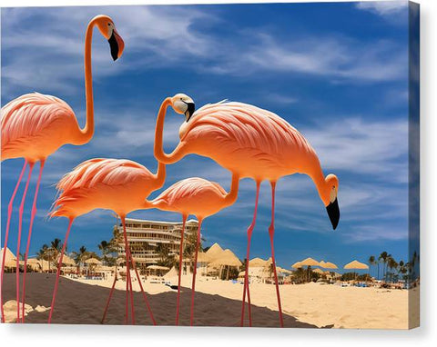 Art print of pink flamingos sitting on a wall next to a blue bench