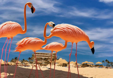 A group of flamingos are standing next to a green flamingo on a sunny beach