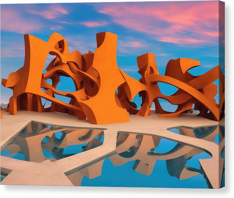 A metal sculpture with wood panels and a blue sunset on top of the surface