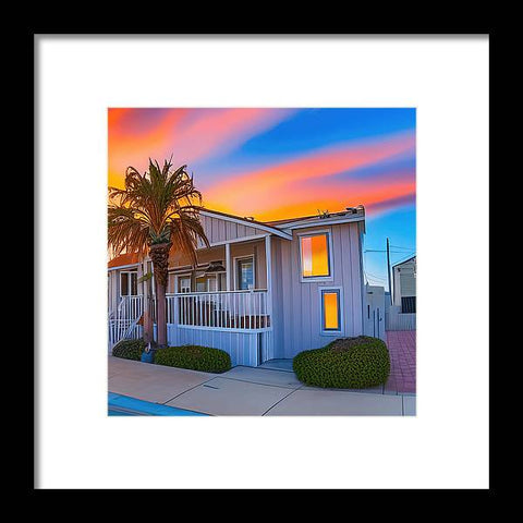 A blue and yellow framed photograph of a sunset standing outside a home