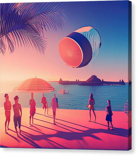 A colorful umbrella and photo board that holds five people standing on a sunny beach