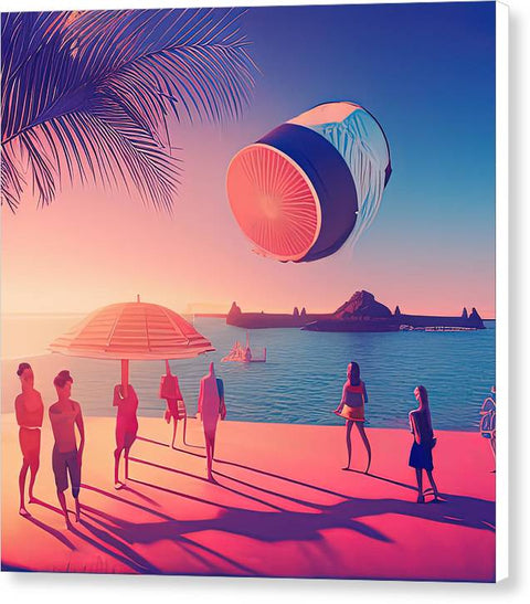 Floating Above the Beach: A Pink Hot Air Balloon - Canvas Print