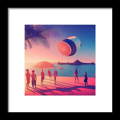 A colorful art print of a sunset at a beach with colorful images and a boat on