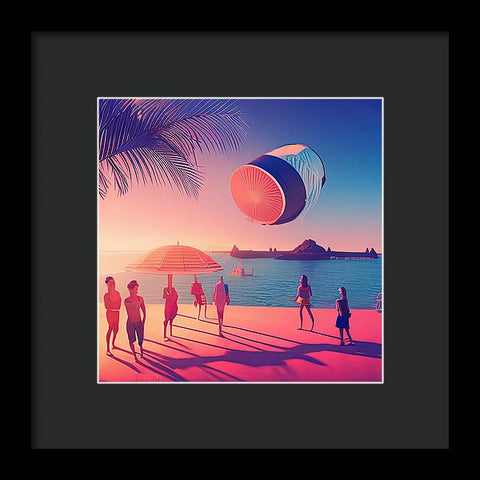 Floating Above the Beach: A Pink Hot Air Balloon - Framed Print