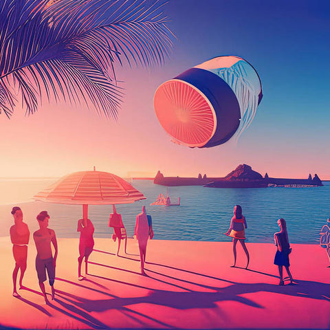 A big pink hot air balloon floats in the sky above a beach