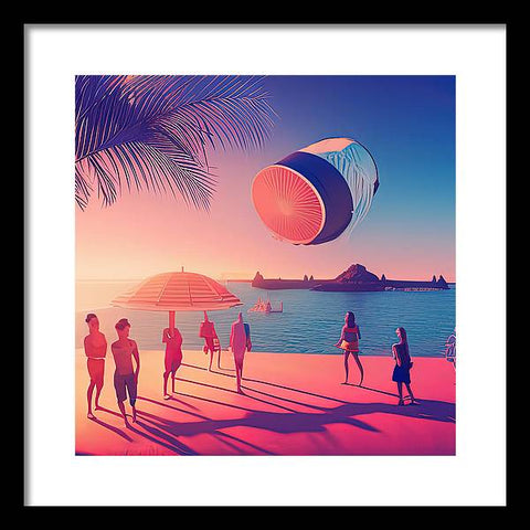 Floating Above the Beach: A Pink Hot Air Balloon - Framed Print