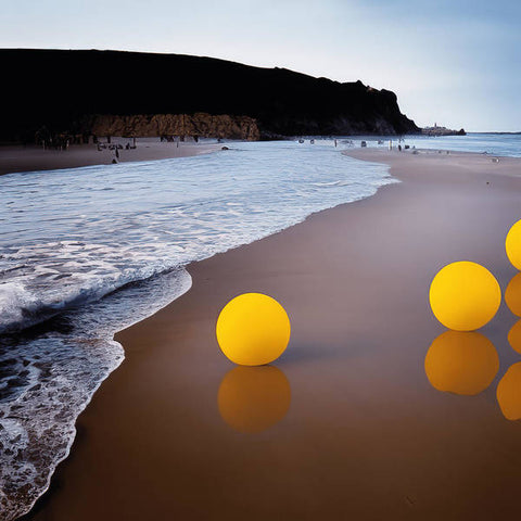 Two yellow lanterns are floating in the ocean on sand