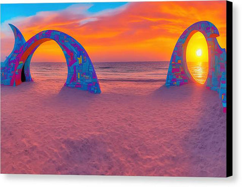 An archway on a sandy beach in the dark with a colorful sunset